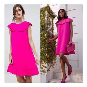 TED BAKER Clarees Ruffled Neck Shift Dress Hot Pink  Sleeveless